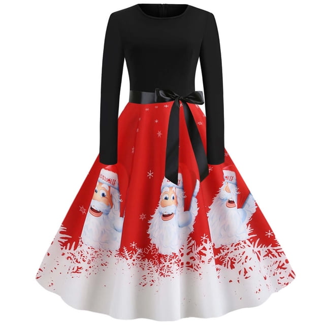 DPTALR Noël Femmes Manches Longues O-Cou Impression Robe Vintage Partie Robe