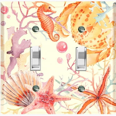 Metal Light Switch Wall Plate Outlet Cover (Ocean Starfish Seashell Coral Reef Clam Beige - Double Toggle)