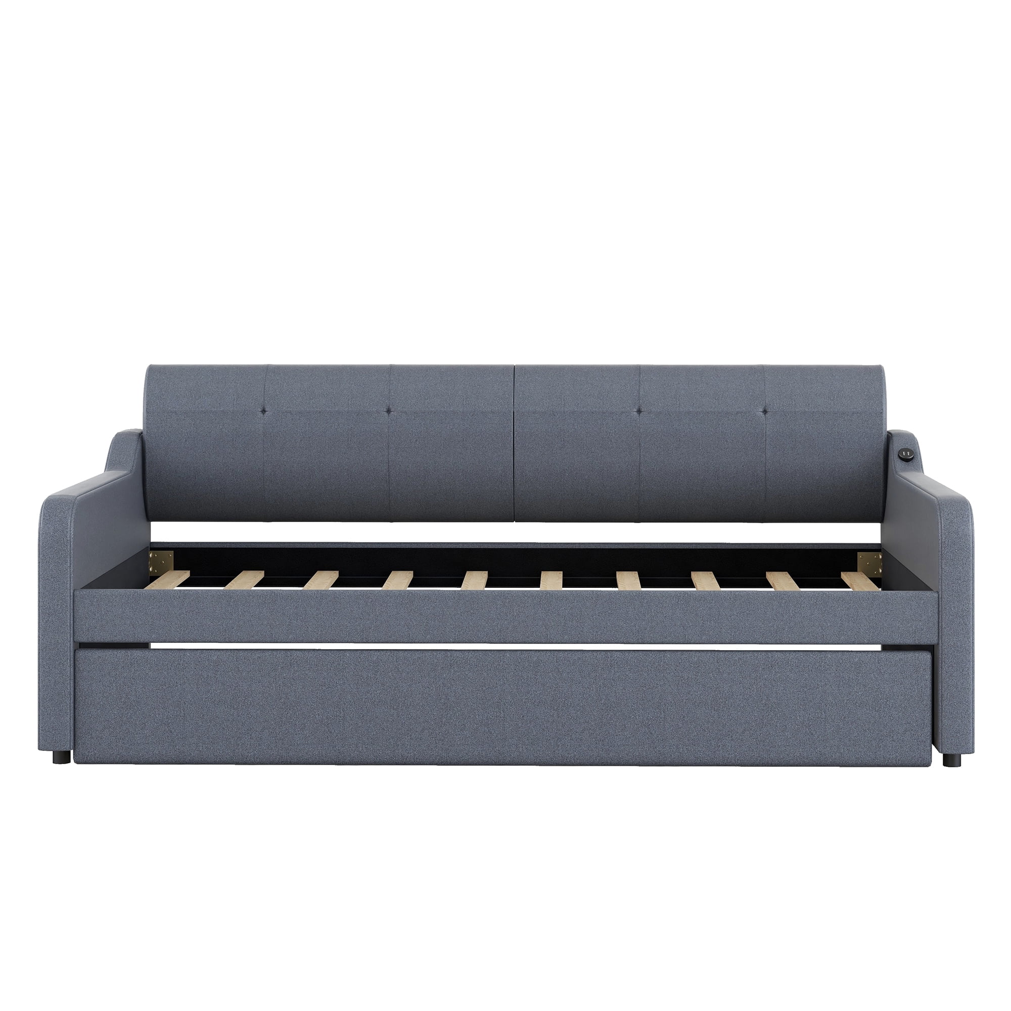 EUROCO Wood Twin Size Daybed with Trundle, Solid Wood Sofa Bed with USB Charging for Kids Teens Adults, Gray