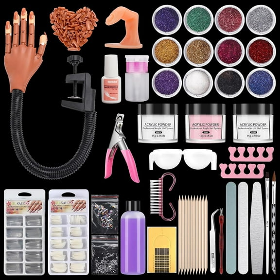 Flexible Acrylic Nails Practice Hand with Adjustable Fingers & Acrylic Nail Kit (Powder, Brush, Tools) for Beginners & Professionals – Nail Art Training & Practice Set
