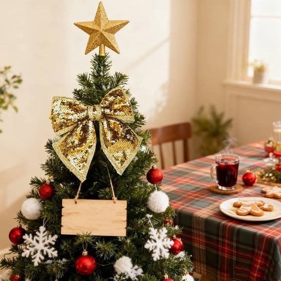 sruoe Christmas Tree Bow Decoration, Cloth Christmas Tree Topper, Sequined Bows for Christmas Tree, Lightweight Hanging Christmas Bows for Home Front Door, Party Decor, Gold