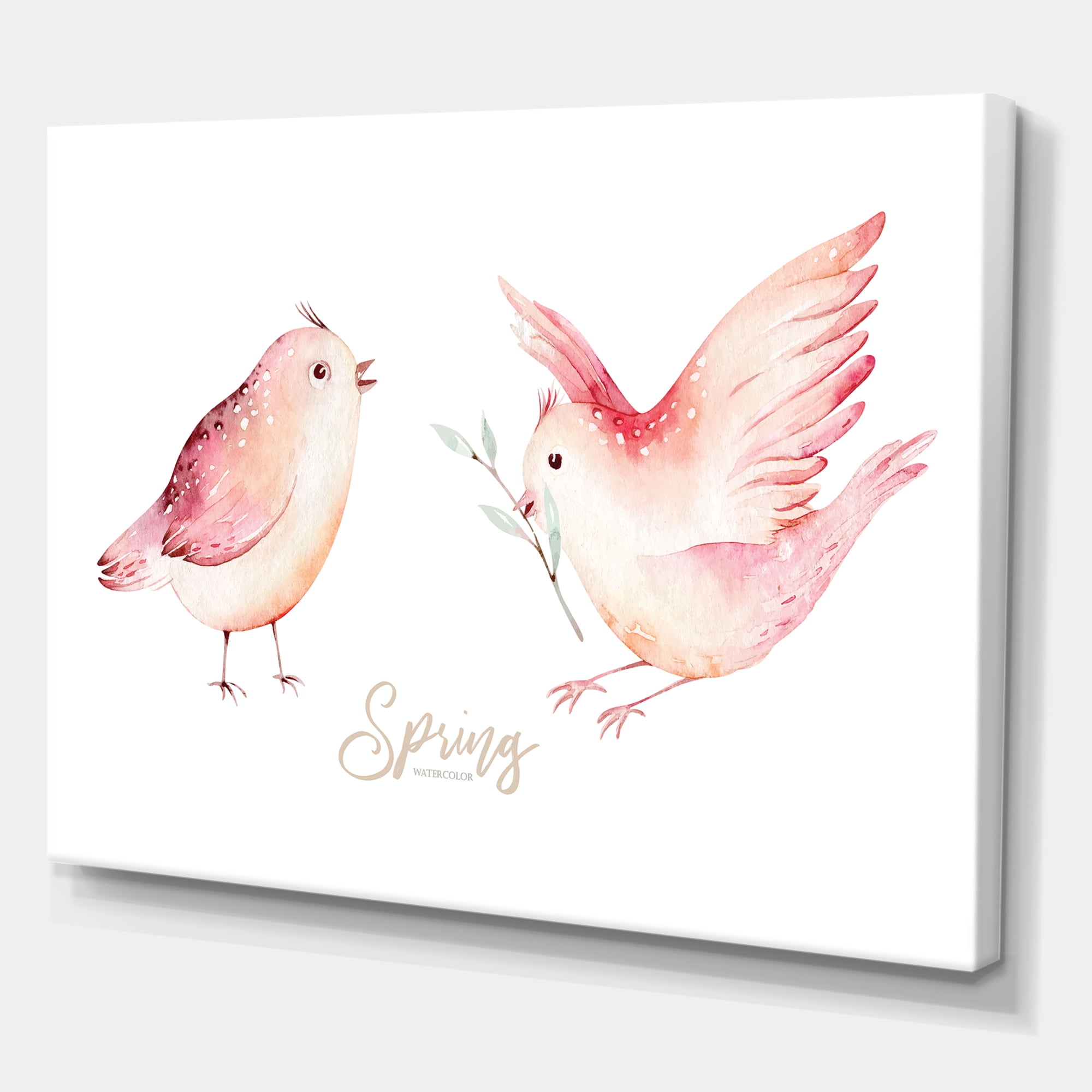 Designart ' Spring Bird With Green Leaves On White ' Traditional Canvas Wall Art Print