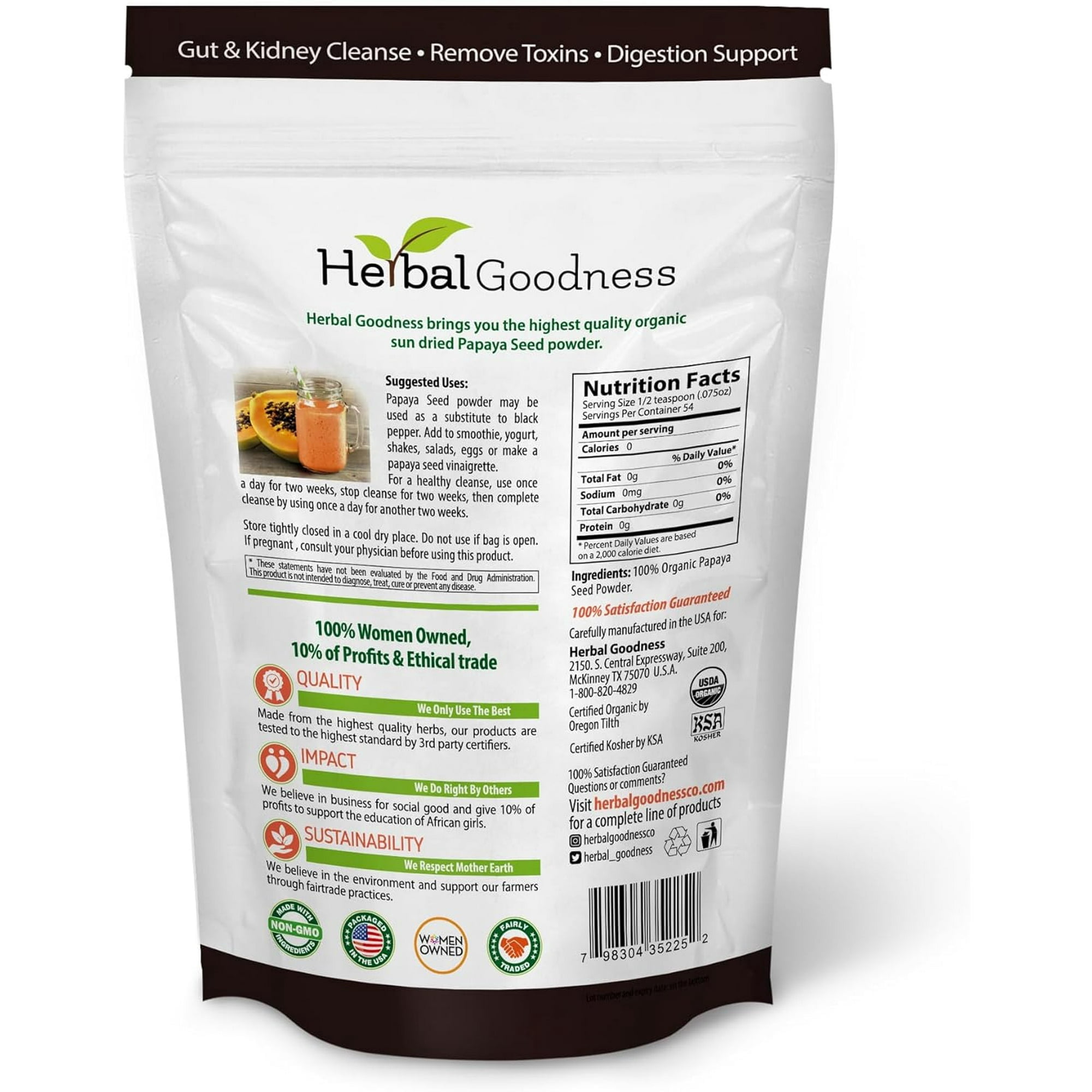 Papaya Seed Powder - Digestive Enzymes, Guts Health, Kidney and Detox Cleanse, 4oz, Herbal Goodness
