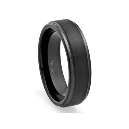 Mens Wedding Band in Titanium 6MM Ring Black Plated Brushed Top and Grooved Polished Edges