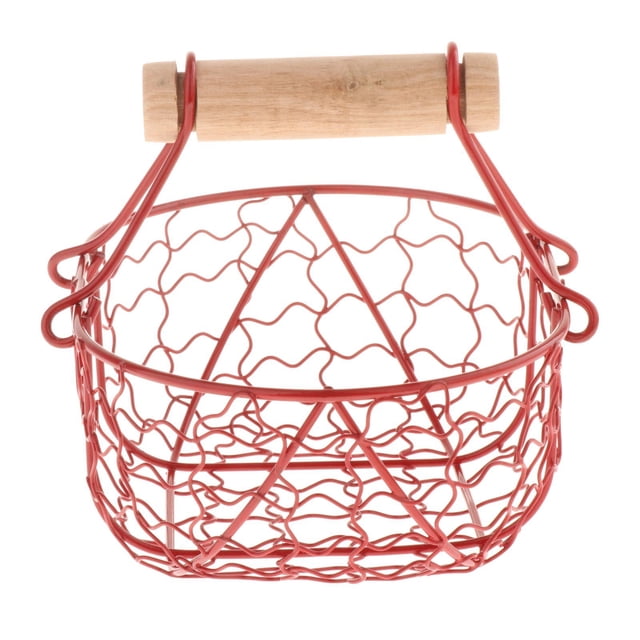 Cesta de frutas de malla metálica con diseño decorativo y asa de madera para escritorio. Rojo