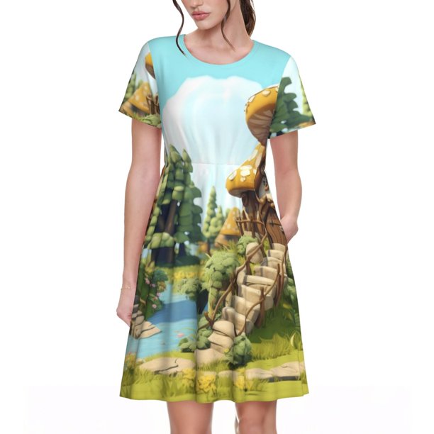 Easygdp Cartoon Mushroom House para Vestido Transpirable de Mujer, Vestido Suelto de Manga Corta con Pliegues y Bolsillos para el Verano