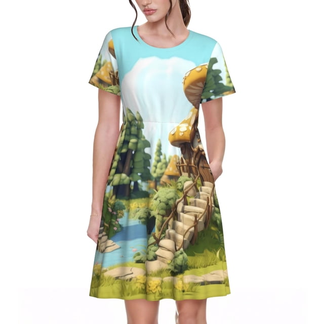 Disketp Cartoon Mushroom House para Vestido de Manga Corta para Mujeres, Vestidos de Verano para Mujeres, Casual y Holgado para la Playa