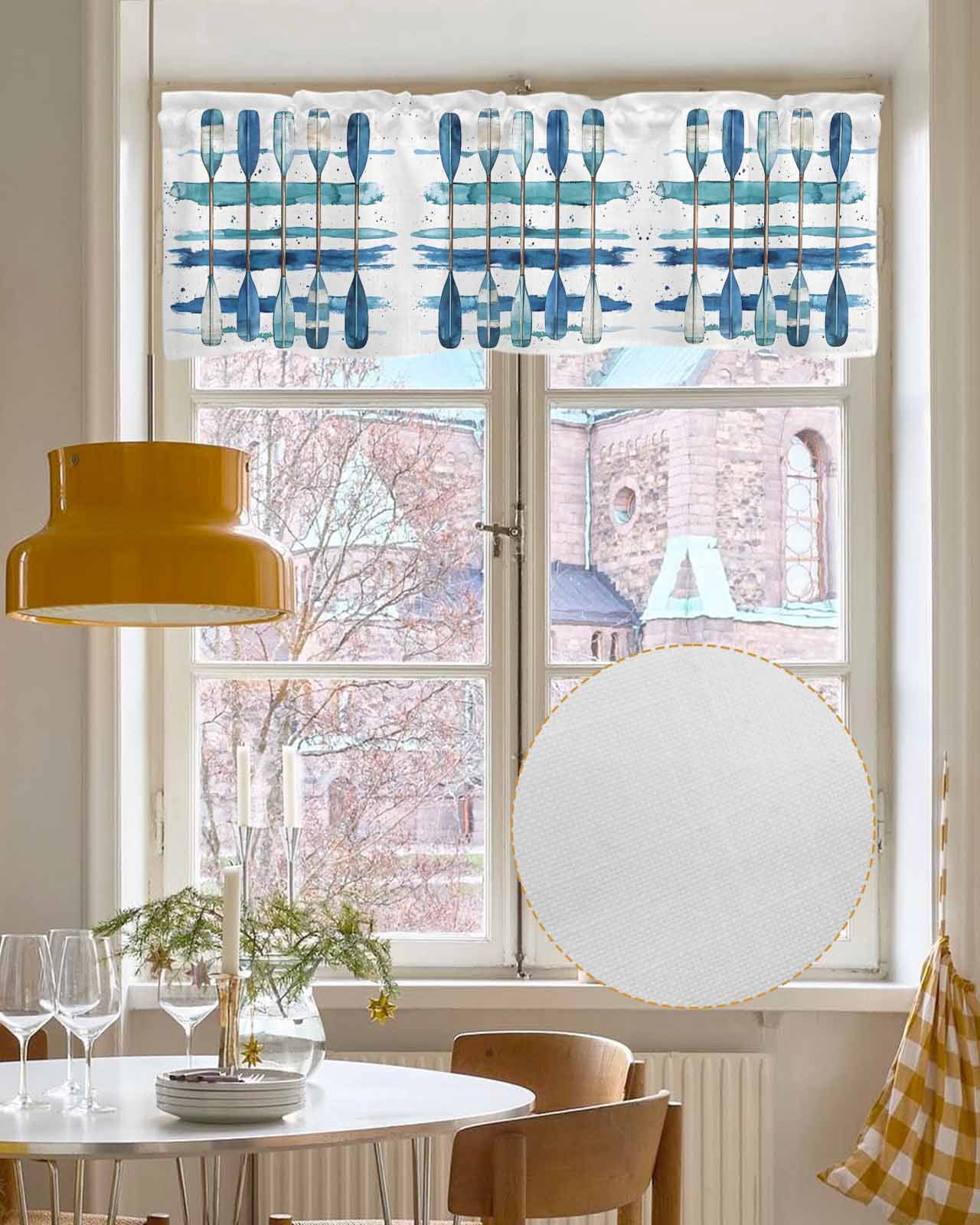 Lake Paddles Kitchen Valances for Windows Farmhouse Linen Window Valance Curtain for Living Room Window Treatment Summer Watercolor Teal Blue Striped Valance Rod Pocket Topper Drape, 54 x 18 Inch