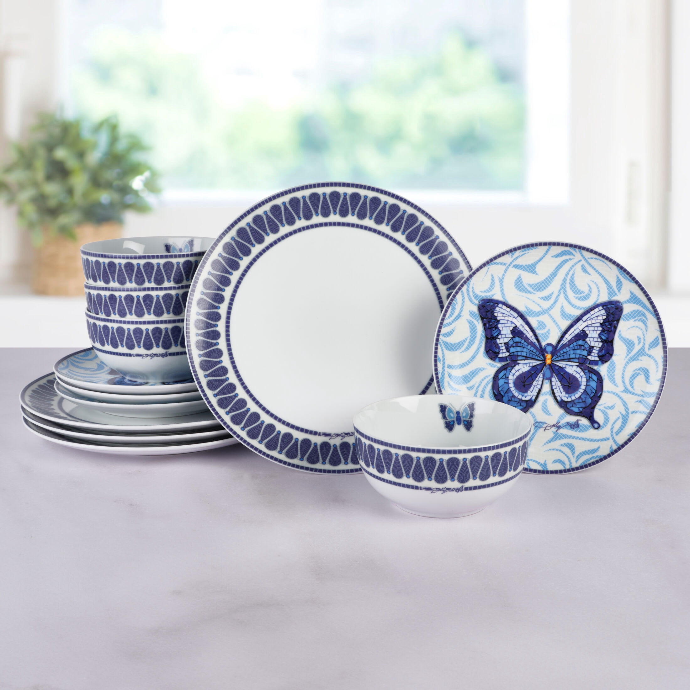 Dolly Parton Jeweled Mosaic 12pc Blue Butterfly Tableware Set