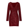 thumbnail image 4 of BLTIBY Women Sequin Evening Dress Hip Wrap Ruched Waist V-Neck Long Sleeve Glitter Cocktail Party Slim Formal Gowns with High Split Wine L, 4 of 6