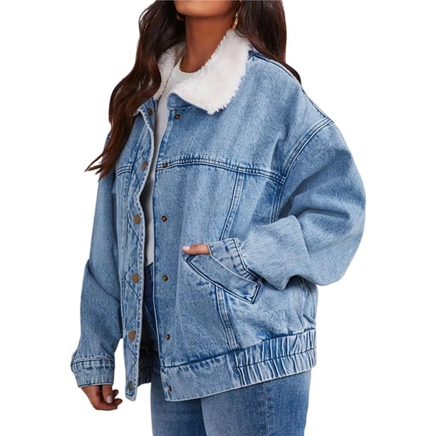 Chaqueta Vaquera Cálida para Mujer, Estilo Boyfriend, Tipo Camionero Azul L