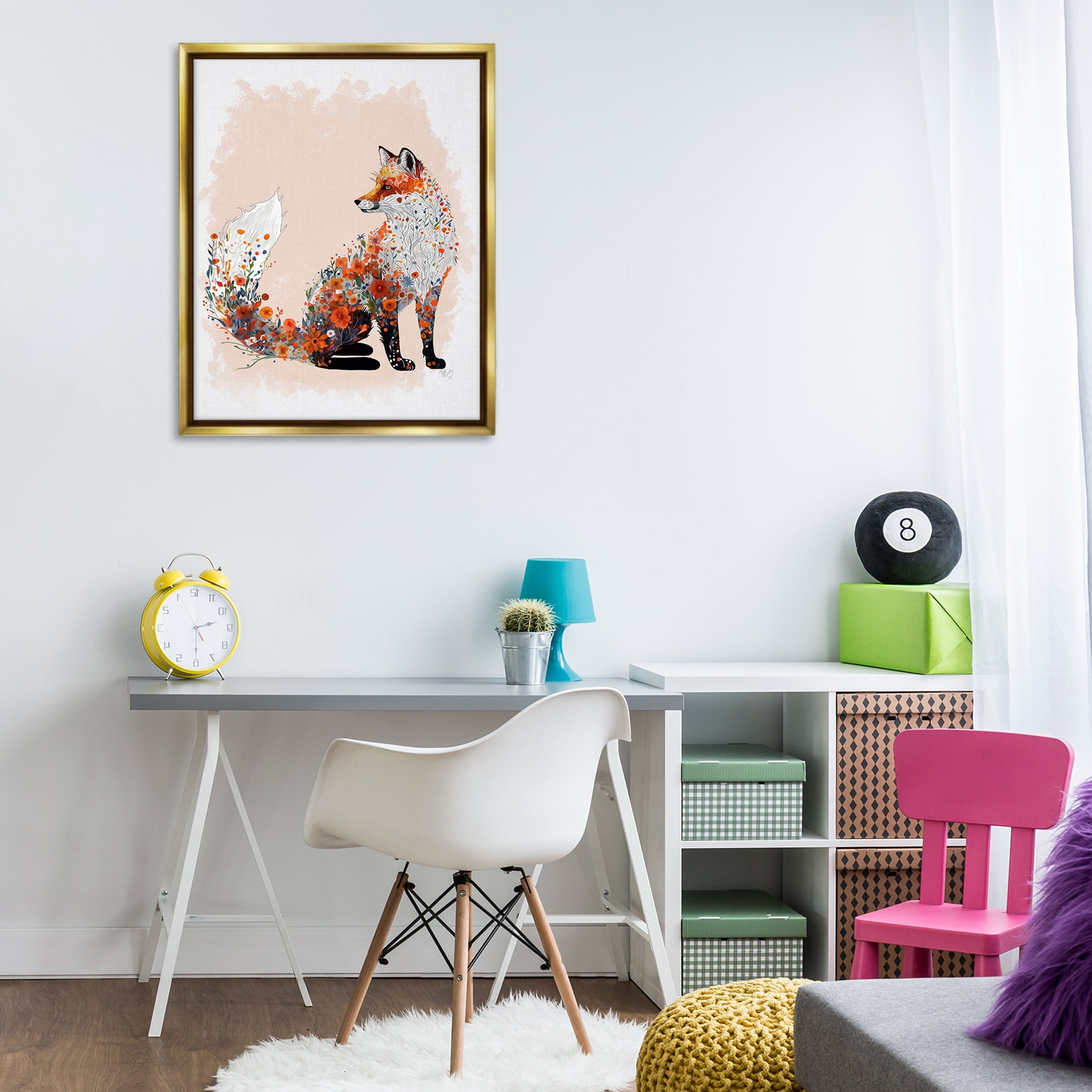 Stupell Industries Wildflower Patterned Fox Animals & Insects Painting Gold Floater Framed Canvas Art Print Wall Art, 25 x 31