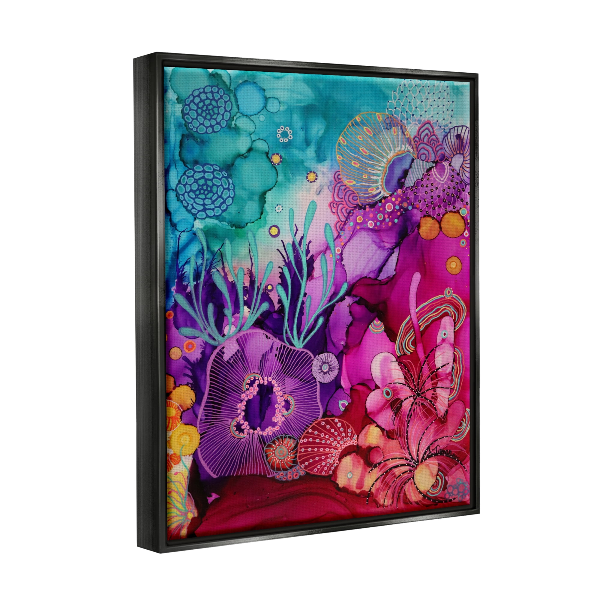Stupell Industries Abstract Coral Pattern Abstract Painting Black Floater Framed Canvas Art Print Wall Art, 25 x 31