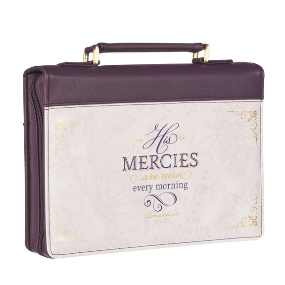 Christian Art Gifts Dark Purple Fashion Bible Cover for Women: Mercies Are New - Lam. 3:22-23 Inspirational Scripture, Vegan Leather Book Carry Case w/Sleeves, Zipper, Pocket & Pen Storage, Large