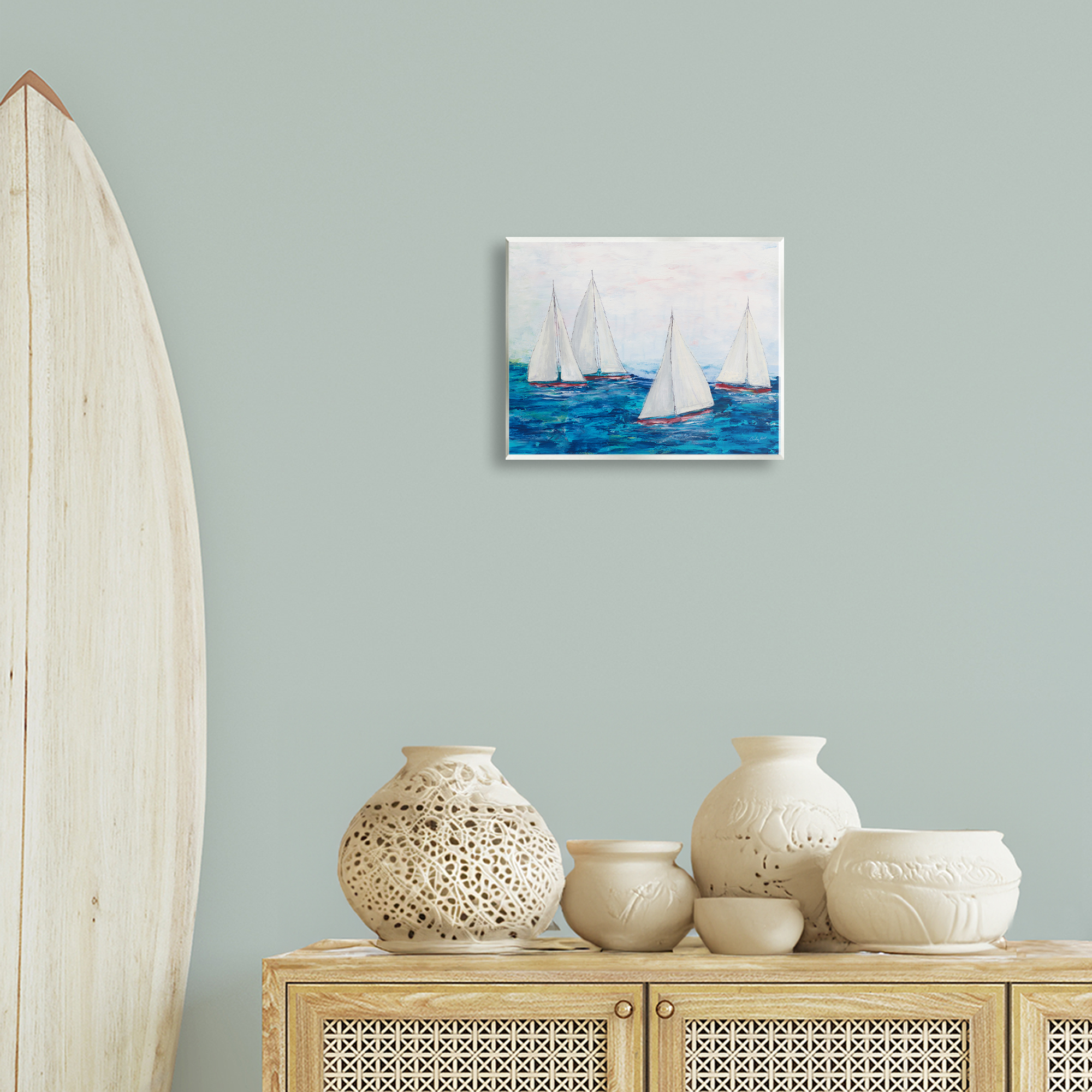 Stupell Industries Sailboat Fleet on Ocean Coastal Painting Unframed Art Print Wall Art, 14 x 11