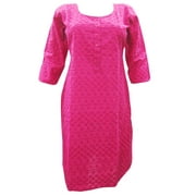 Mogul Womens Indian Embroidered Kurti Pink Tunics Blouse Womans Cotton Designer Dress Kurta