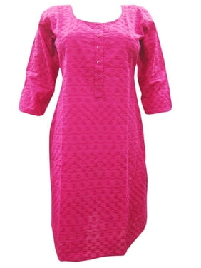 Mogul Womens Indian Embroidered Kurti Pink Tunics Blouse Womans Cotton Designer Dress Kurta