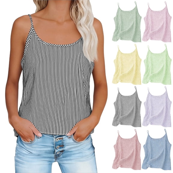Wlynlyn Striped Tank Tops for Women Loose Casual Summer Spaghetti Strap Cami Tops Beach Vacation Sleeveless Shirts