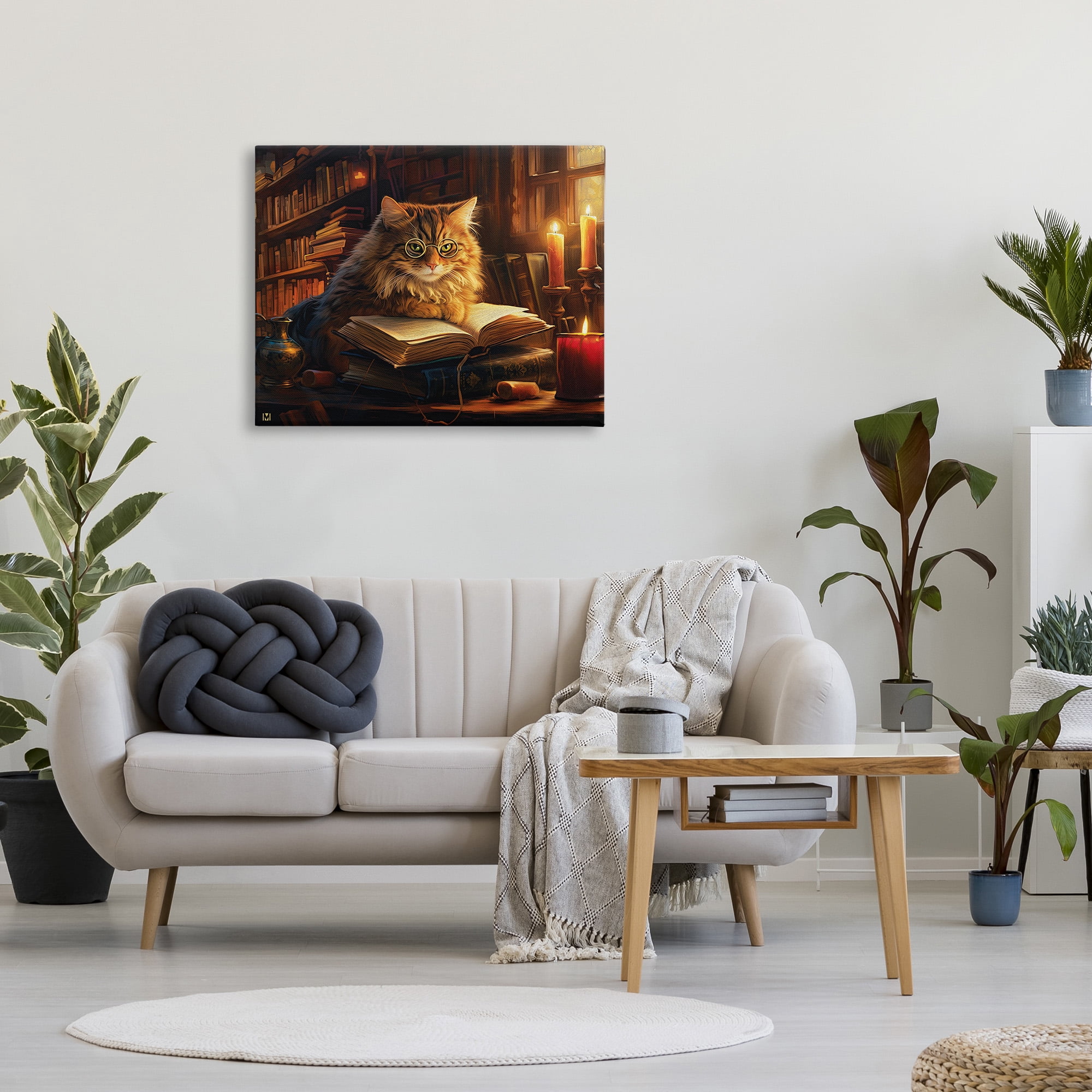 Stupell Industries Cat Reading by Candlelight Animals & Insects Painting Gallery Wrapped Canvas Art Print Wall Art, 40 x 30