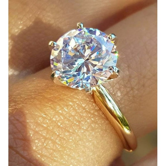 TAAPSEE JEWELS Round Cut Cubic Zirconia 6 Prong Women's Solitaire Engagement Ring 14k Yellow Gold Plated