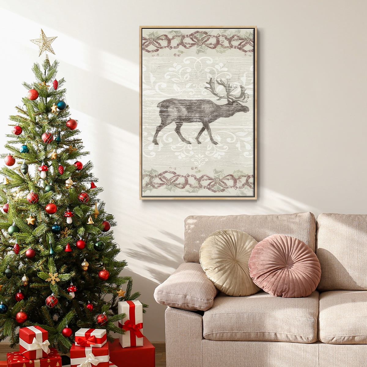 Cabin Christmas Collection B - Framed Gallery Wrapped Holiday Canvas - 17 x 25 - Natural Wood Frame