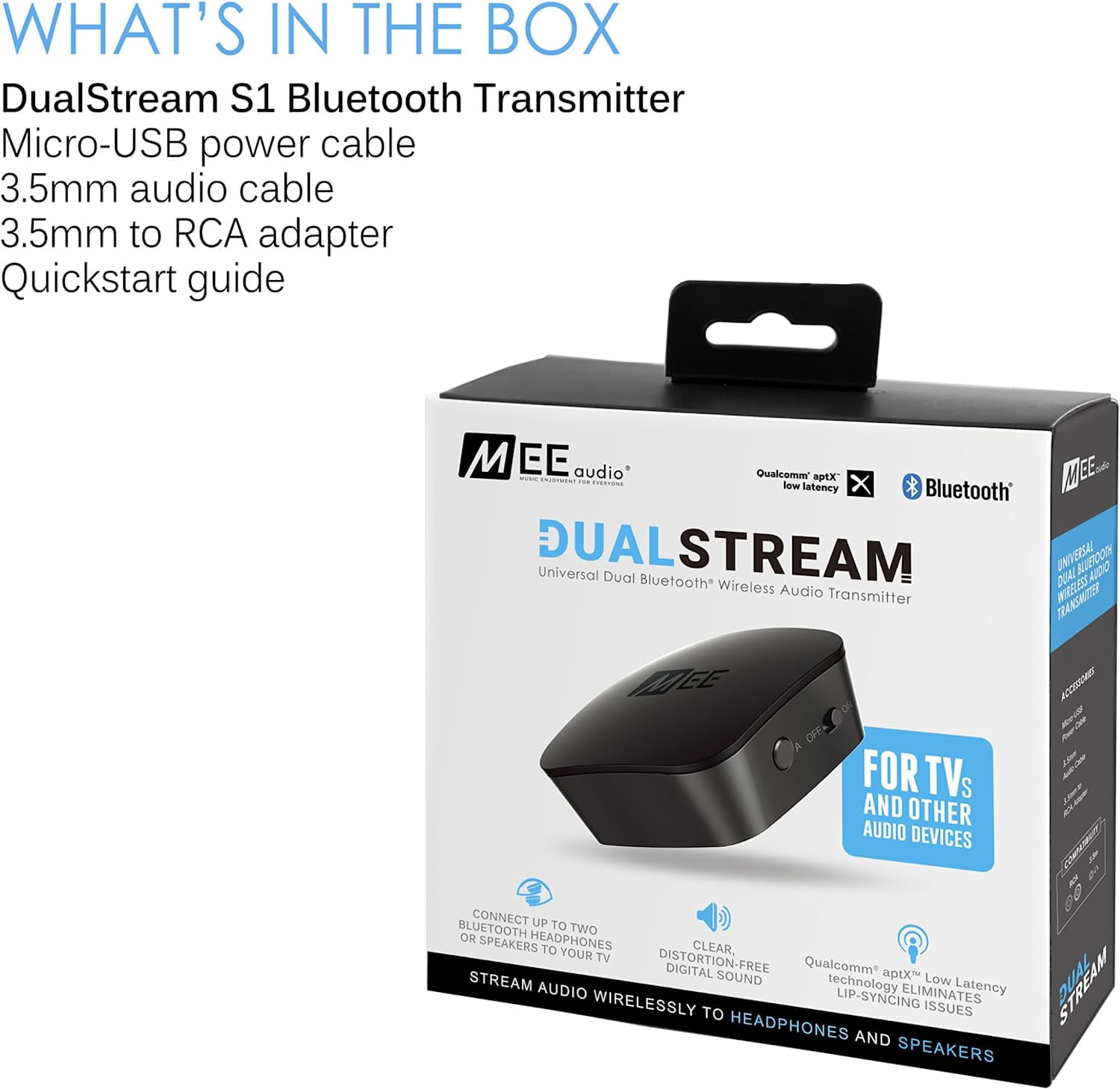 MEE audio DualStream S1 Bluetooth Wireless Audio Transmitter for up to 2 Headphones/Speakers with aptX Low Latency Technology; 3.5mm Jack, AUX, RCA, or Optical connectivity for TV (Black)