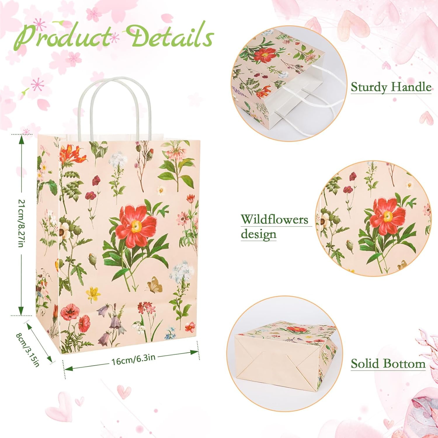 50Pcs Pink Bow Party Favor Bags | Cute Cartoon Treat Bags With Bow & Flower Print - 9.84x6.5 Inches