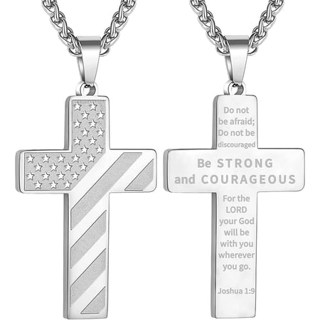 APSVO Silver Cross Necklaces for Men Boys American Flag Pendant Chain Catholic Christian Religious Birthday First Communion Graduation Fathers Day Jewelry Gifts Teen Him Dad Son Adults Kids Age Ideas