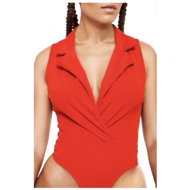 HBFAGFB Combinaison Femme Col à Revers Col en V Profond Plissé Vintage avec Bas Triangle Rouge Taille P