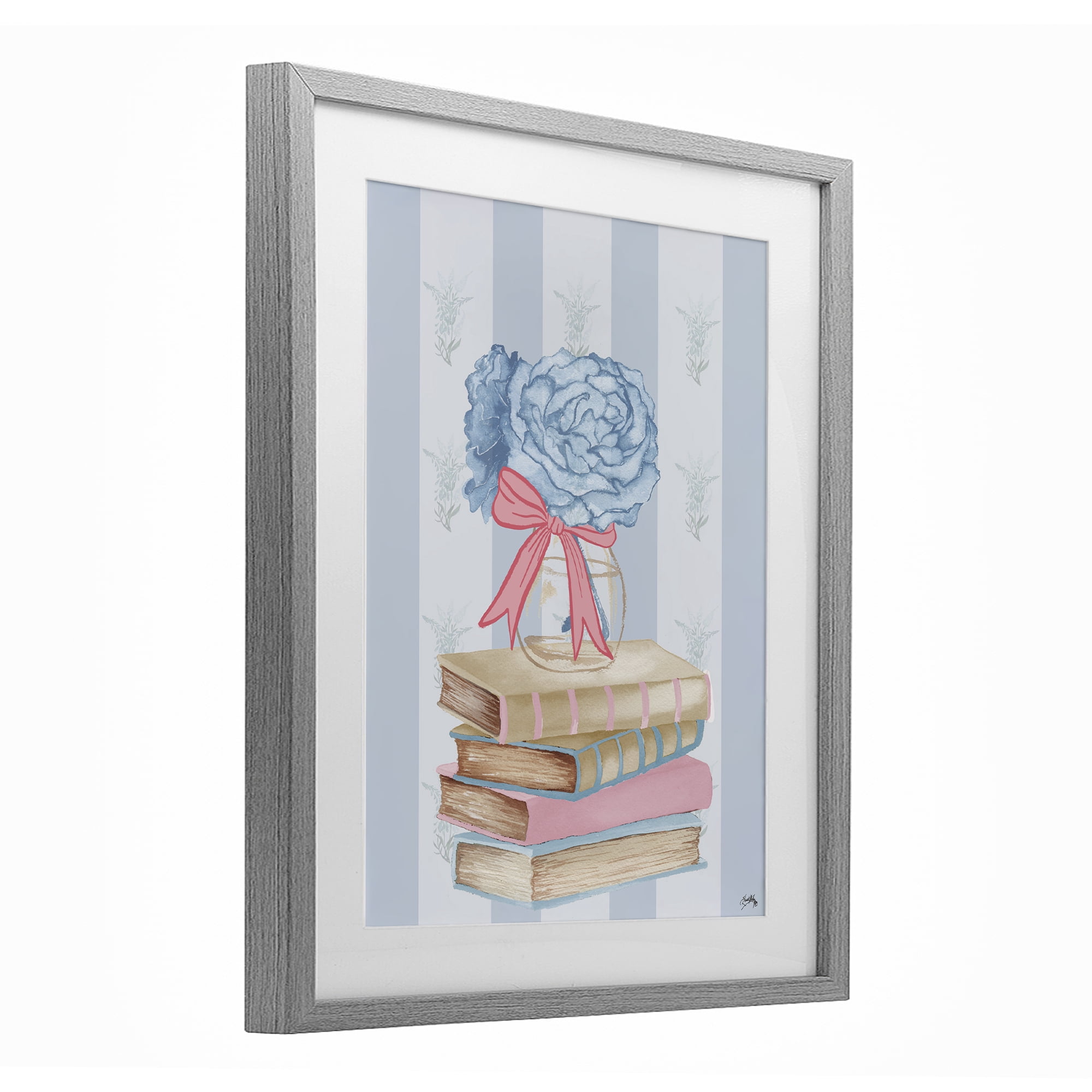 Stupell Industries Stacked Books & Blue Hydrangeas Gray Framed Print Under Glass, design by Elizabeth Medley