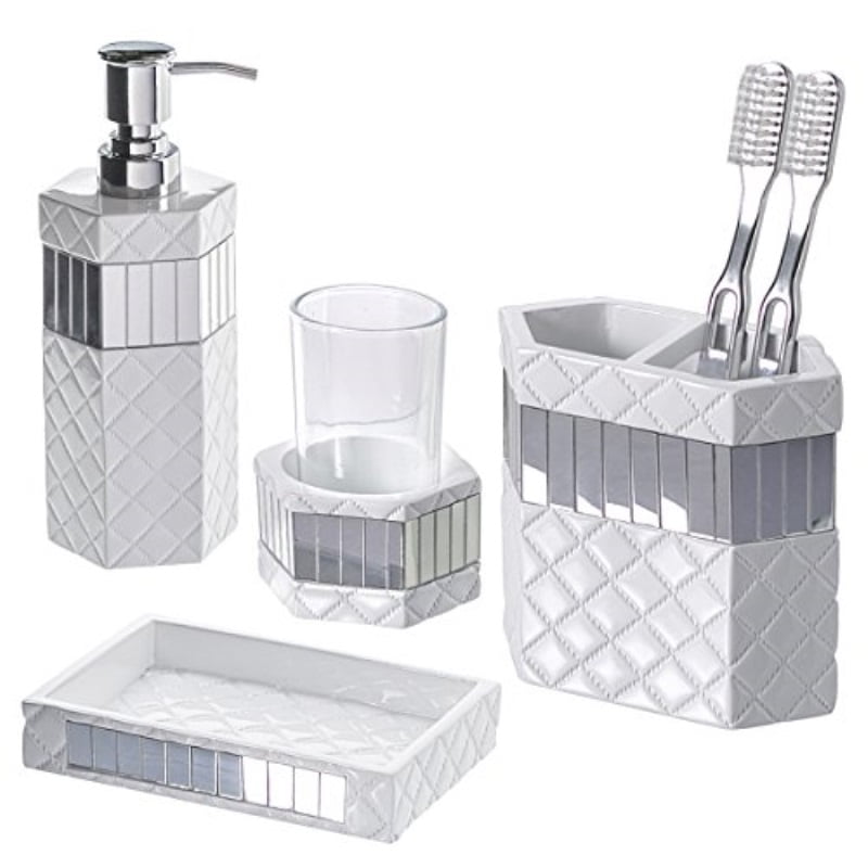 White Shine Bathroom Set 6 Piece Accessory BIN SOAP Dish Dispenser Tumbler Toothbrush Holder
