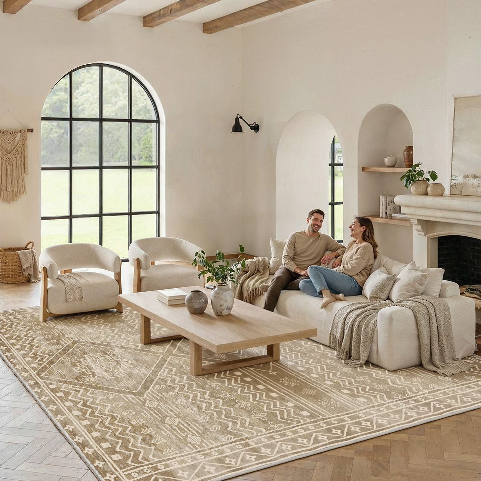 CHITOOMA 8'x10' Area Rugs for Living Room, Washable Boho Moroccan Rug Soft Vintage Distressed Geometric Tribal Area Rug for Bedroom Dining Room Office with Non-Slip Backing, Stain Resistant Non-Shed