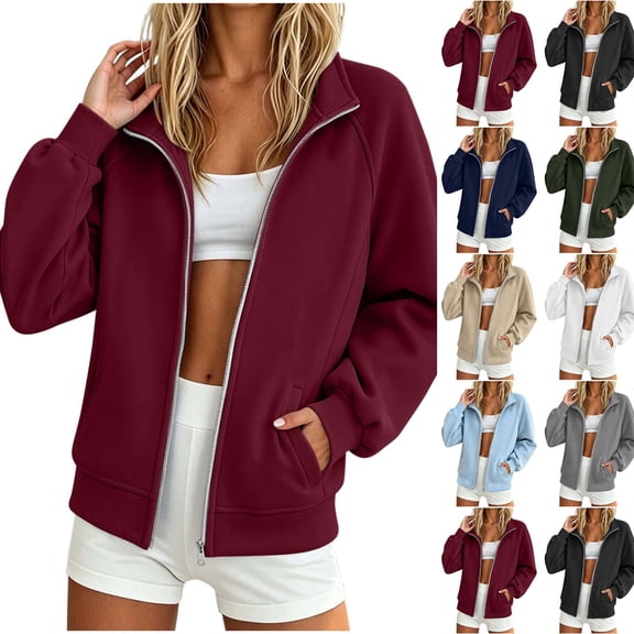 Xaqiouau Womens Full Zip Sweatshirt Jacket Long Sleeve Stand Collar Zip Up Jacket Casual Lightweight Track Jacket with Pockets Outerwear
