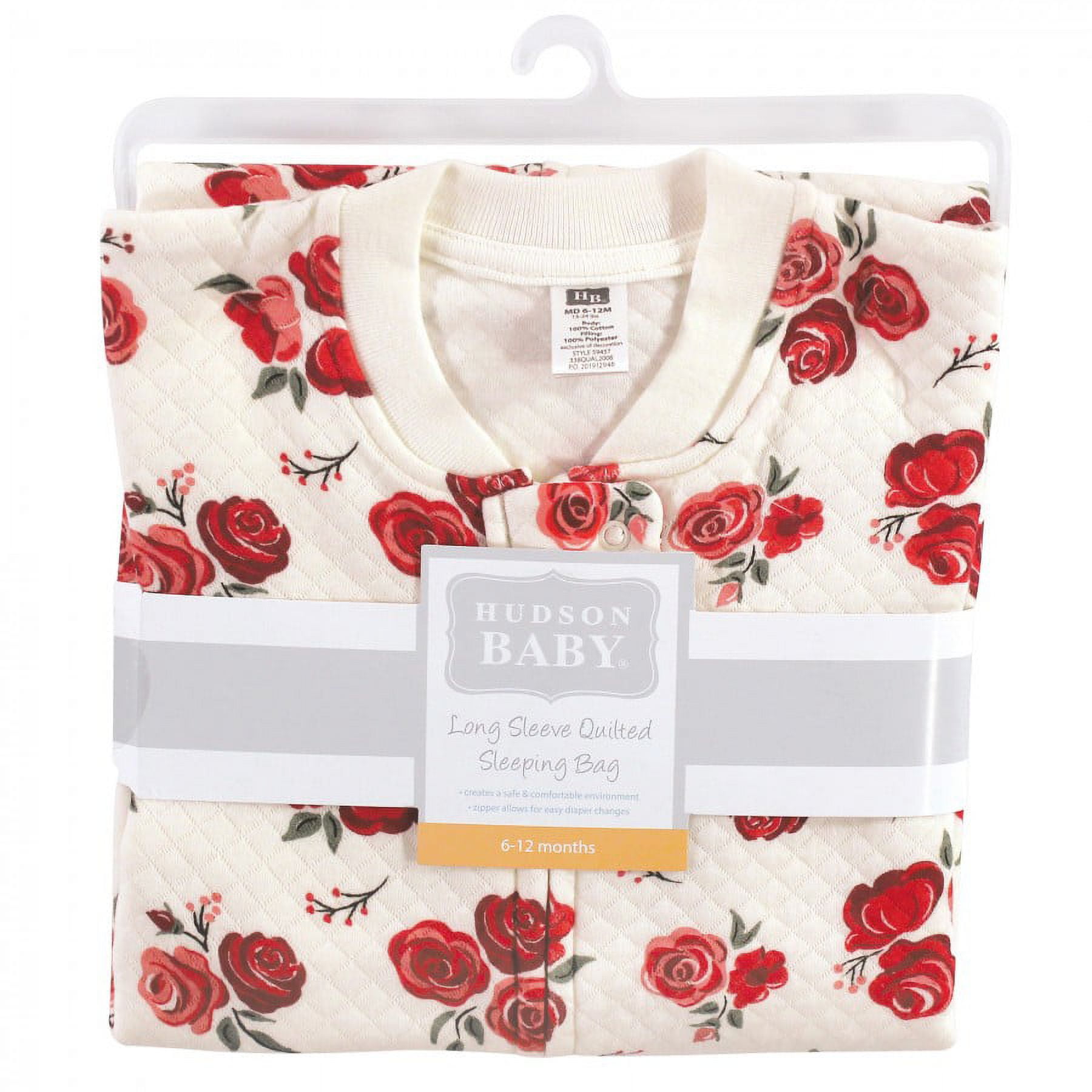 Hudson Baby Infant Girl Premium Quilted Long Sleeve Sleeping Bag and Wearable Blanket, Red Rose, 12-18 Months