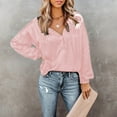 thumbnail image 4 of Pompotops Ladies Solid Color V-Neck Lantern Long-Sleeved Button Casual Shirt Top, 4 of 8