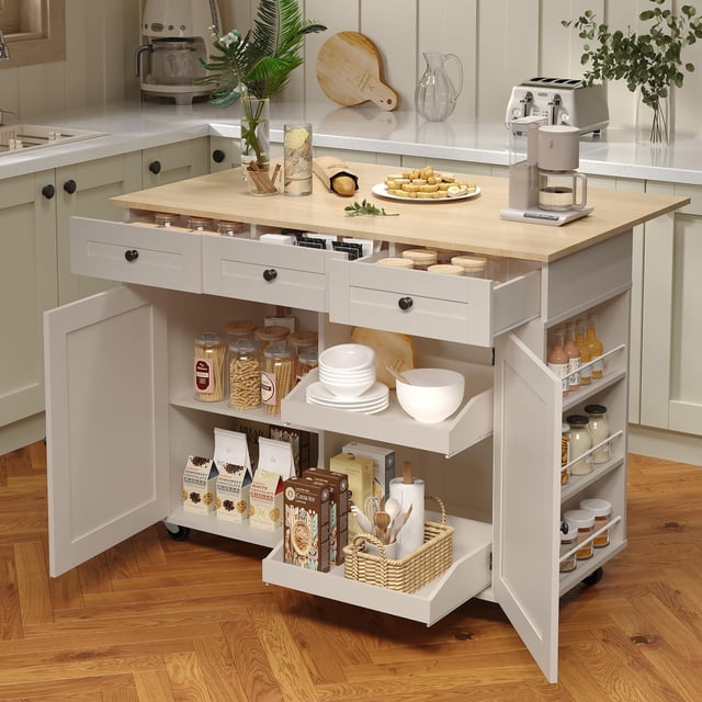 Rolling Kitchen Island Cart with Drop Leaf, Portable Breakfast Bar with 3 Drawers, Power Outlet, Storage Cabinet, Spice Rack & Towel Bar, Portable Islands on Wheels