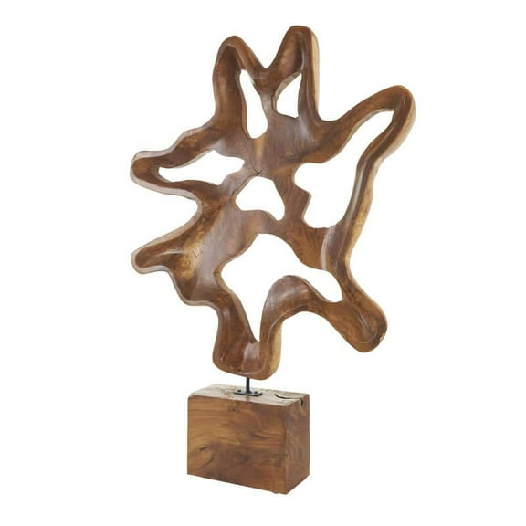 Brown Teak Wood Cutout Abstract Sculpture with Block Base