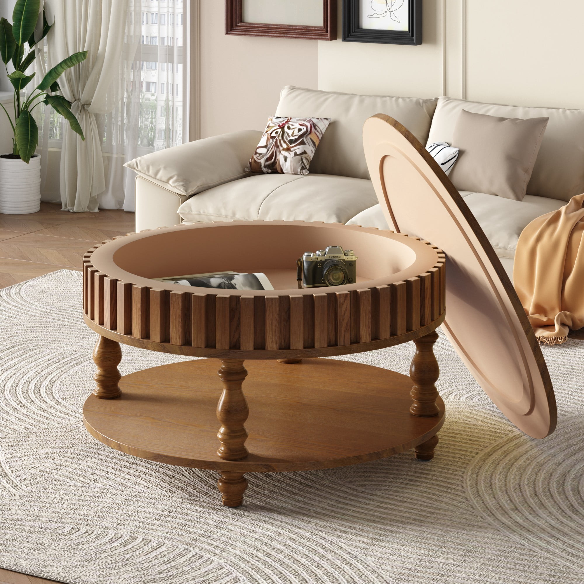 Fluted Coffee Table with Storage, 31.5" Round Coffee Table with Flip Top Lid and Shelf, Mid Century Modern Center Table for Living Room, Walnut