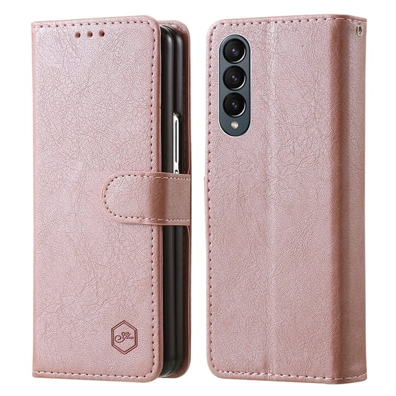 Compatible with Samsung Galaxy Z Fold 3 Case, Classic PU Leather Durable Slim Thin Full-Body Protective Shockproof Magnetic Closure Phone Case for Samsung Galaxy Z Fold 3 5G, Champagne