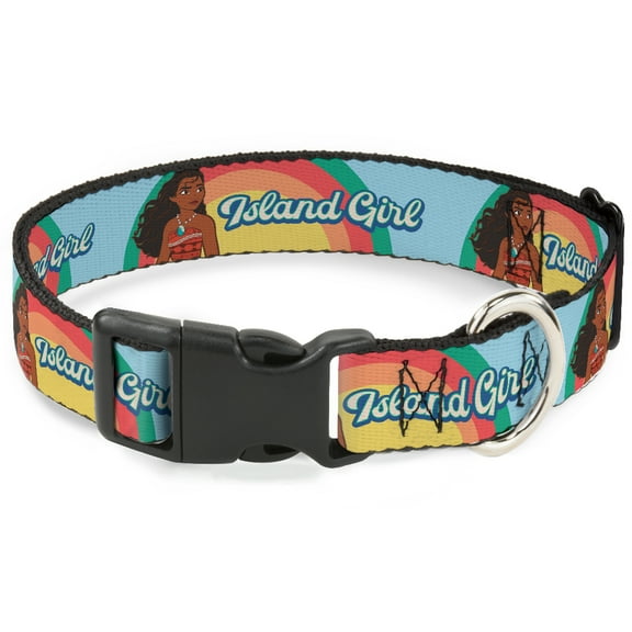 Disney Pet Collar, Dog Collar Plastic Buckle, Moana Island Girl Rainbow Pose Blue Multi Color, 7 to 8.5 Inches 0.5 Inch Wide