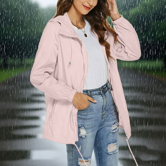 Sevevn Rainproof Jacket For Women Waterproof Windbreaker Lightweight Zipper Jacket Quarter Sleeve Hooded Jacket Raincoat Jacket With Pockets Rollbacks Pink S