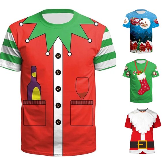 Ulitacool Men T Shirts Christmas Day Clothing Cartoon Print Loose Crew Neck Short Sleeve Soft Clothing Red