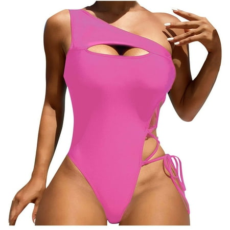LEBONYARD Women s One-Piece Swimsuit:Comfortable & Cute for Beach Fun Ladies  Solid Color Split Shoulder No Steel Support Bikini Swimsuit Pink M