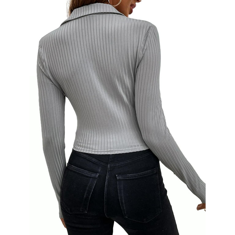 Women\'s Mock Neck Rib knit Long Sleeve T Shirt Zip Up Tee Top S(4)