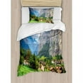 thumbnail image 3 of Farm House Decor Queen Size Duvet Cover Set, Town by the Rocks on Waterfall Background European Peaks Sunlight the Alps, Decorative 3 Piece Bedding Set with 2 Pillow Shams, Green Grey, by Ambesonne, 3 of 3