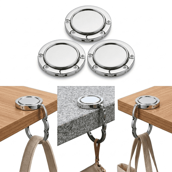 ROSEXIXI 3 Pack Portable Purse Hook For Table Foldable,Non Slip Bag Hanger For Table Circular Metal Purse Holder