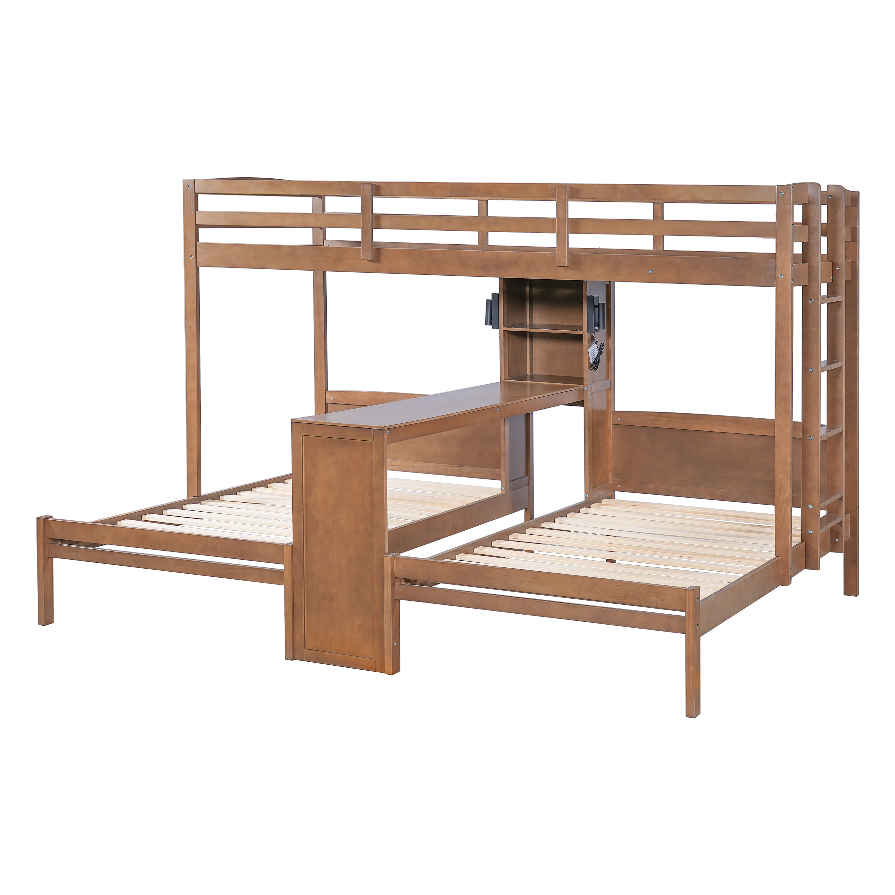 Euroco Wood Twin over Twin Bunk Bed with Desk, 3 Beds in 1 with Shelves and Reading Lamps, Natural