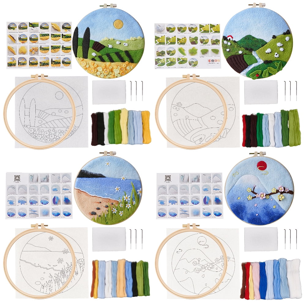 4 Sets Needle Felt Starter Set Meadow Felt Painting Kit for Beginners Wool Felting Supplies with Picture Frame Felting Needles Foam Pad Felts Cloth