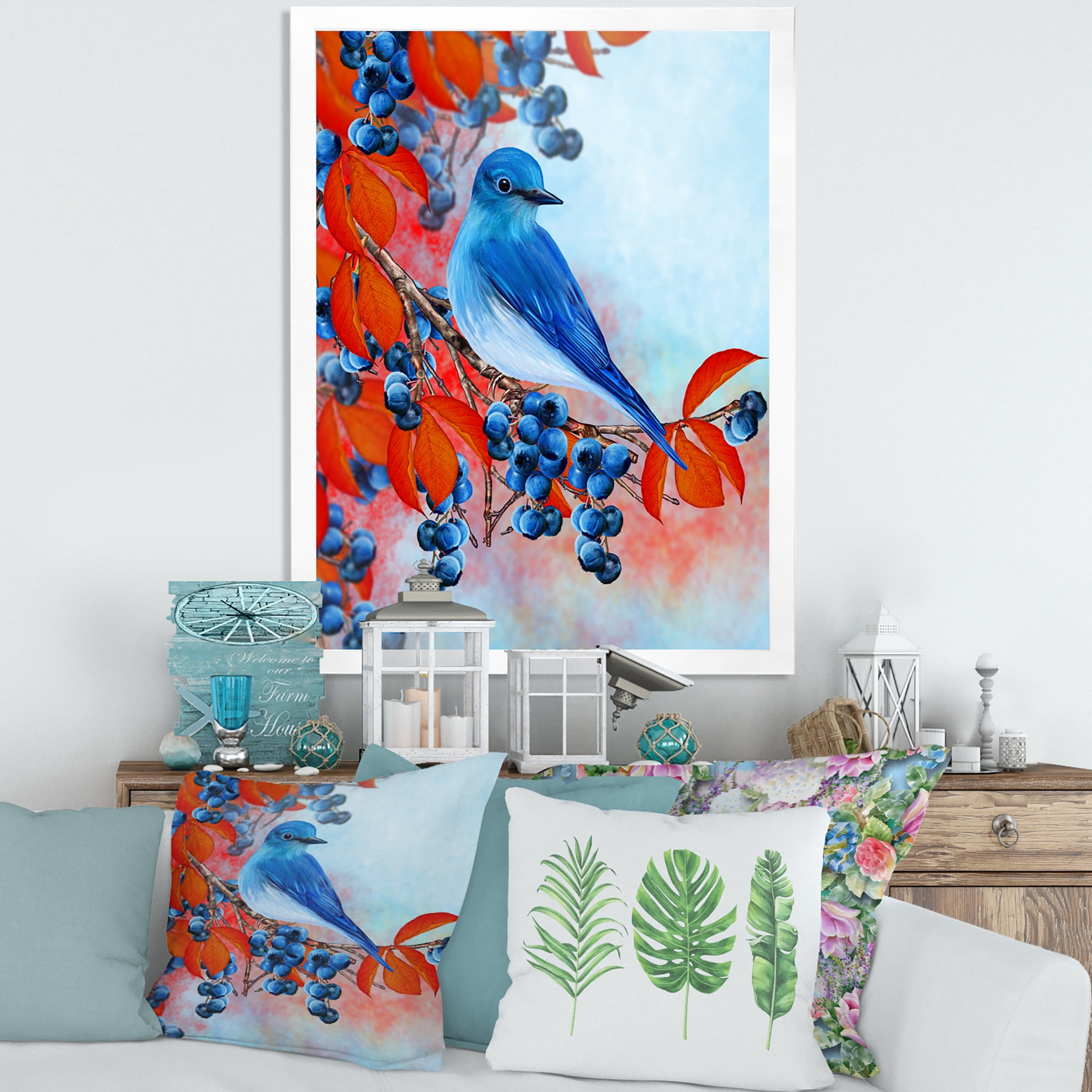 Designart 'Bright Bird Bullfinch Sitting On A Branch of Berries III' Traditional Framed Art Print
