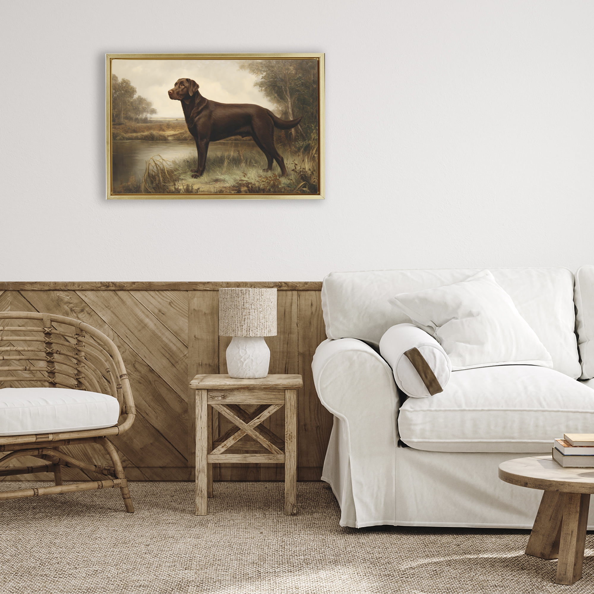 Stupell Industries Brown Lab By The River Gold Framed Floater Canvas Wall Art, design by Petal Prints Design